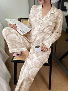 SHEIN 女款泡泡皺褶印花開襟領睡衣套裝 - 黃色 - 查看 5