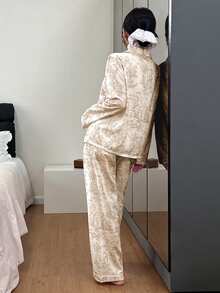 SHEIN 女款泡泡皺褶印花開襟領睡衣套裝 - 黃色 - 查看 2