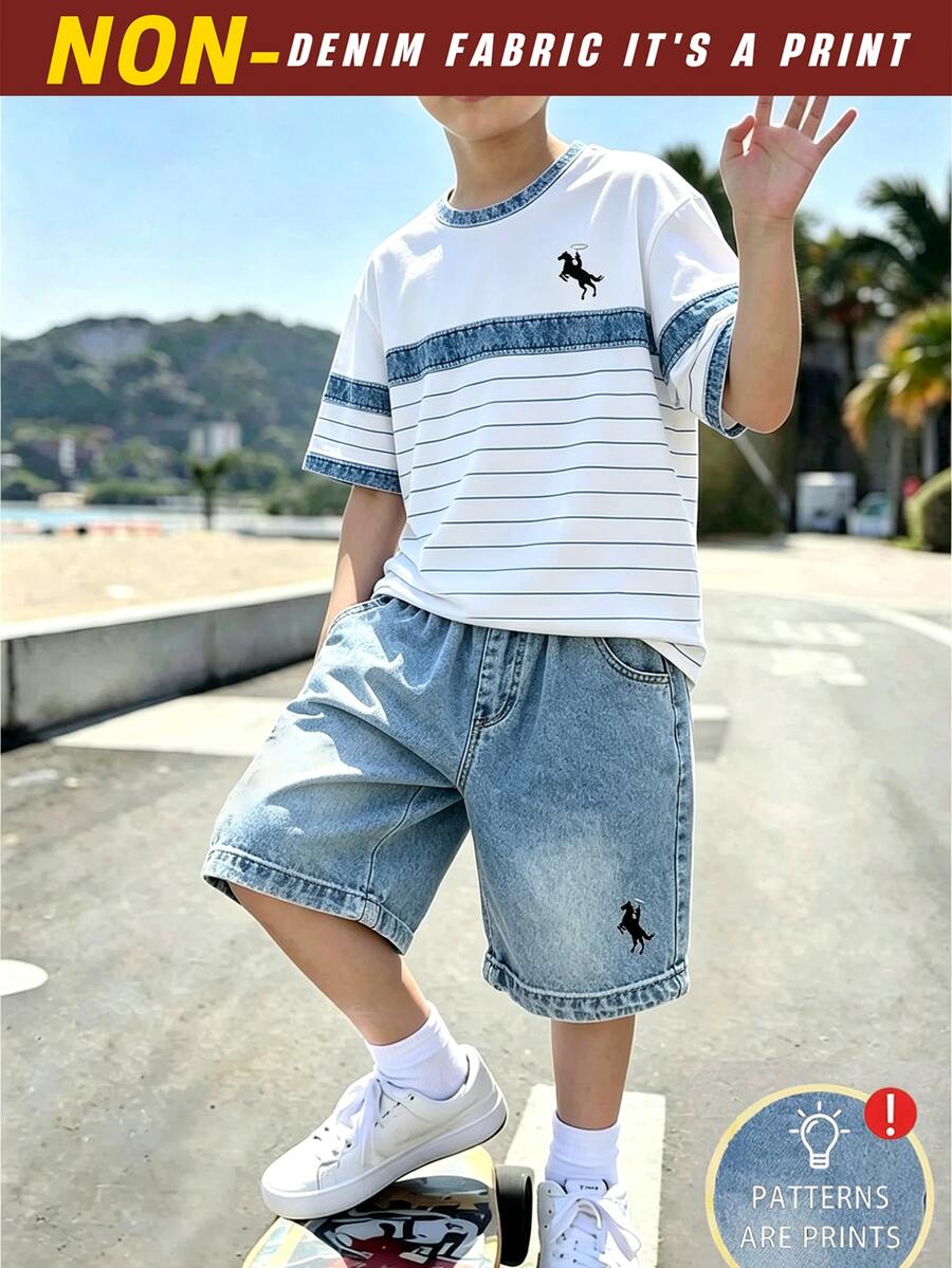 SHEIN 青少年男孩短袖圓領T恤 + 口袋短褲 2件套 - 彩色 - 查看 1