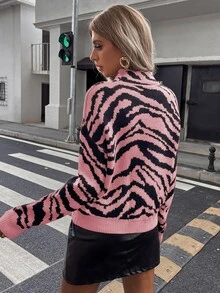 valorelle valorelle 女士斑马纹立领蝙蝠袖长袖休闲宽松针织套头毛衣，秋冬款，长袖上衣，秋季 - 彩色 - 查看 2