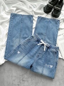 SHEIN 女童白色字母和爱心刺绣宽松蓝色牛仔裤 - 藍色 - 查看 9