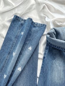 SHEIN 女童白色字母和爱心刺绣宽松蓝色牛仔裤 - 藍色 - 查看 7