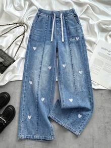 SHEIN 女童白色字母和爱心刺绣宽松蓝色牛仔裤 - 藍色 - 查看 3