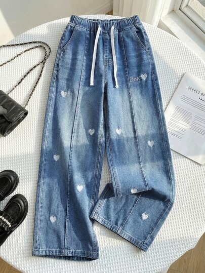 SHEIN 女童白色字母和爱心刺绣宽松蓝色牛仔裤