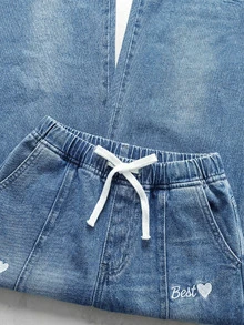 SHEIN 女童白色字母和爱心刺绣宽松蓝色牛仔裤 - 藍色 - 查看 8