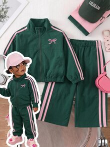 SHEIN 女童拼色條紋拉鍊夾克外套配蝴蝶結、鬆緊腰長褲，復古套裝，日常穿著校園開學季 - 彩色 - 查看 2