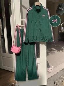 SHEIN 女童拼色條紋拉鍊夾克外套配蝴蝶結、鬆緊腰長褲，復古套裝，日常穿著校園開學季 - 彩色 - 查看 5