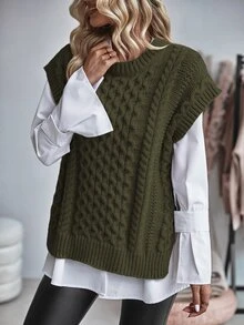 Balvessa Women Casual Solid Color Side Slit Vest Sweater, Autumn - Army Green - View 4