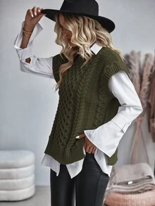 Balvessa Women Casual Solid Color Side Slit Vest Sweater, Autumn - Army Green - View 3