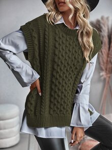Balvessa Women Casual Solid Color Side Slit Vest Sweater, Autumn - Army Green - View 5