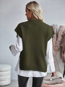 Balvessa Women Casual Solid Color Side Slit Vest Sweater, Autumn - Army Green - View 2