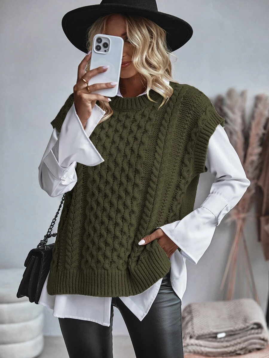 Balvessa Women Casual Solid Color Side Slit Vest Sweater, Autumn - Army Green - View 1