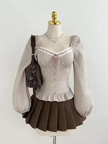 Elamini 女款秋冬休閒花瓣袖甜美俏皮格紋蝴蝶結燈籠袖襯衫，青春百搭修身合身上衣 - 彩色 - 查看 3