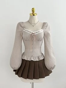 Elamini 女款秋冬休閒花瓣袖甜美俏皮格紋蝴蝶結燈籠袖襯衫，青春百搭修身合身上衣 - 彩色 - 查看 4