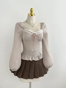 Elamini 女款秋冬休閒花瓣袖甜美俏皮格紋蝴蝶結燈籠袖襯衫，青春百搭修身合身上衣 - 彩色 - 查看 5