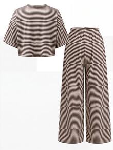 SHEIN 青少年女孩夏季新款針織條紋休閒寬鬆短袖T恤與長褲套裝 - 彩色 - 查看 3