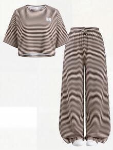 SHEIN 青少年女孩夏季新款針織條紋休閒寬鬆短袖T恤與長褲套裝 - 彩色 - 查看 5