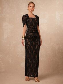 Lumalex Autumn Lace Soft Flowy Fitted Ruched Draped Elegant Bodycon Dress With Slit Women's Dress Beach Dinner Date-To-Gala Versatility Wedding Black Floral - Black - View 6