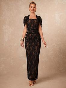 Lumalex Autumn Lace Soft Flowy Fitted Ruched Draped Elegant Bodycon Dress With Slit Women's Dress Beach Dinner Date-To-Gala Versatility Wedding Black Floral - Black - View 4