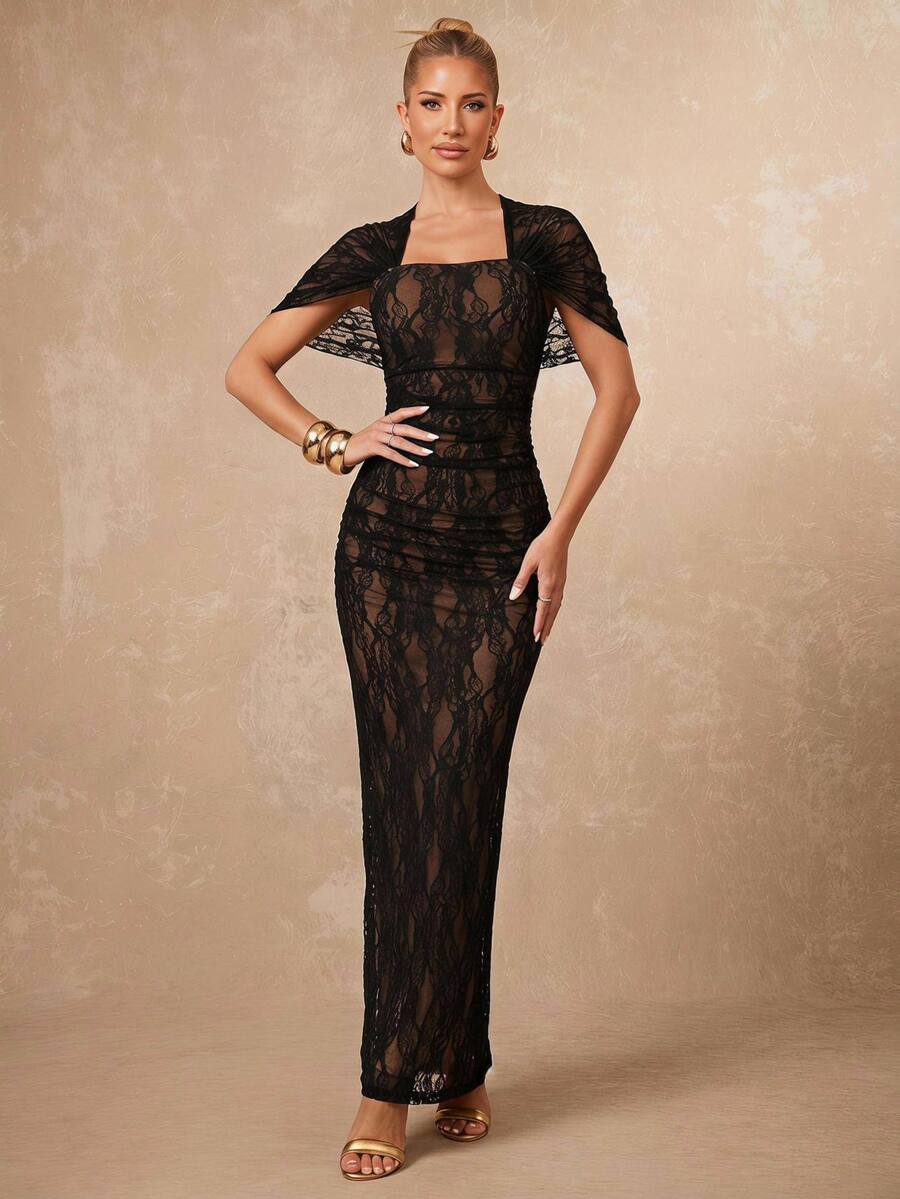Lumalex Autumn Lace Soft Flowy Fitted Ruched Draped Elegant Bodycon Dress With Slit Women's Dress Beach Dinner Date-To-Gala Versatility Wedding Black Floral