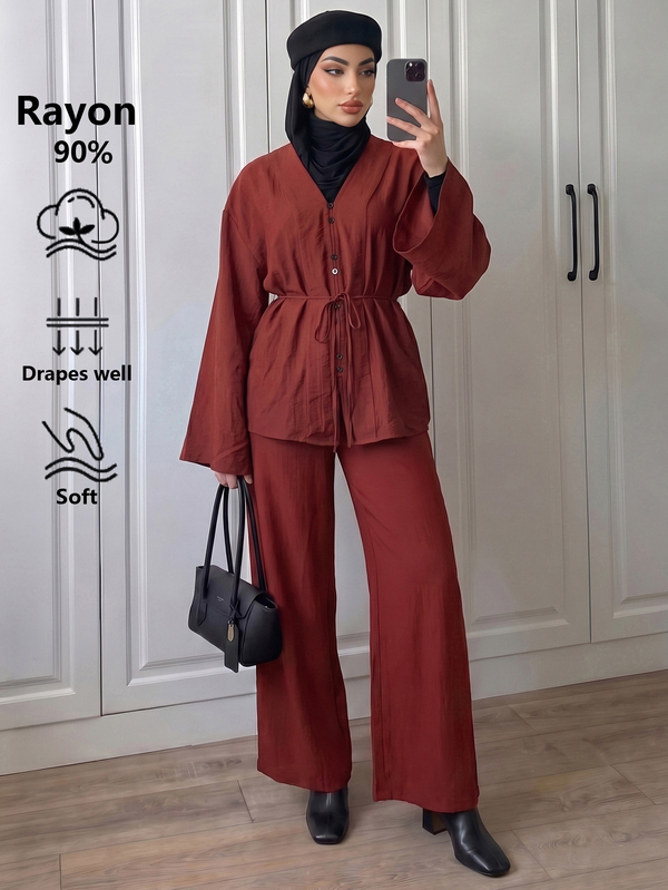 Elenzga Conjunto de 2 piezas de camisa y pantalones de lino vintage de cintura alta y corte holgado en color marrón óxido sólido, nuevo para primavera/otoño 2026, adecuado para uso diario casual y de oficina para mujeres