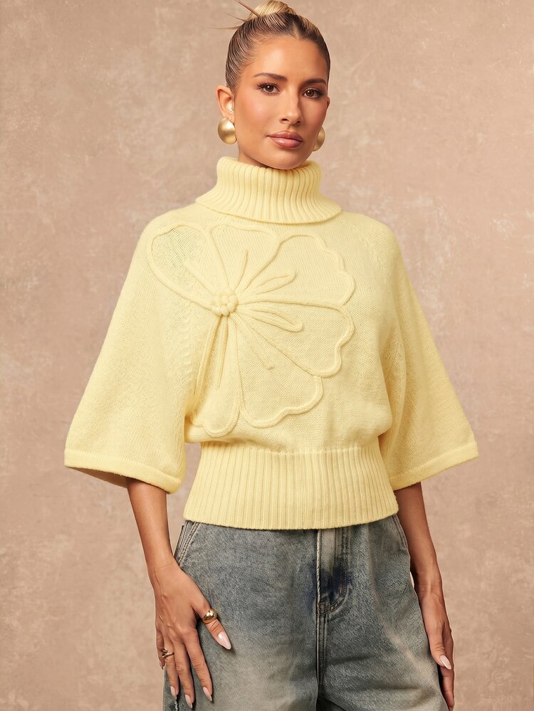 Lumalex Women's High Neck Short Sleeve Cinched Waist Batwing Sleeve Textured Sweater, Luxury Ball Brunch Everyday Party Banquet Outfit, Elegant French Autumn - Light Yellow - View 9