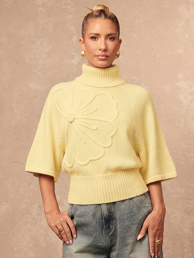Lumalex Women's High Neck Short Sleeve Cinched Waist Batwing Sleeve Textured Sweater, Luxury Ball Brunch Everyday Party Banquet Outfit, Elegant French Autumn - Light Yellow - View 3