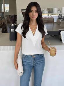 SHEIN Privé Solid Batwing Sleeve V Neck Blouse,Short Sleeve Tops,Graduation,Teacher Outfits For Women,Back To School - White - View 1