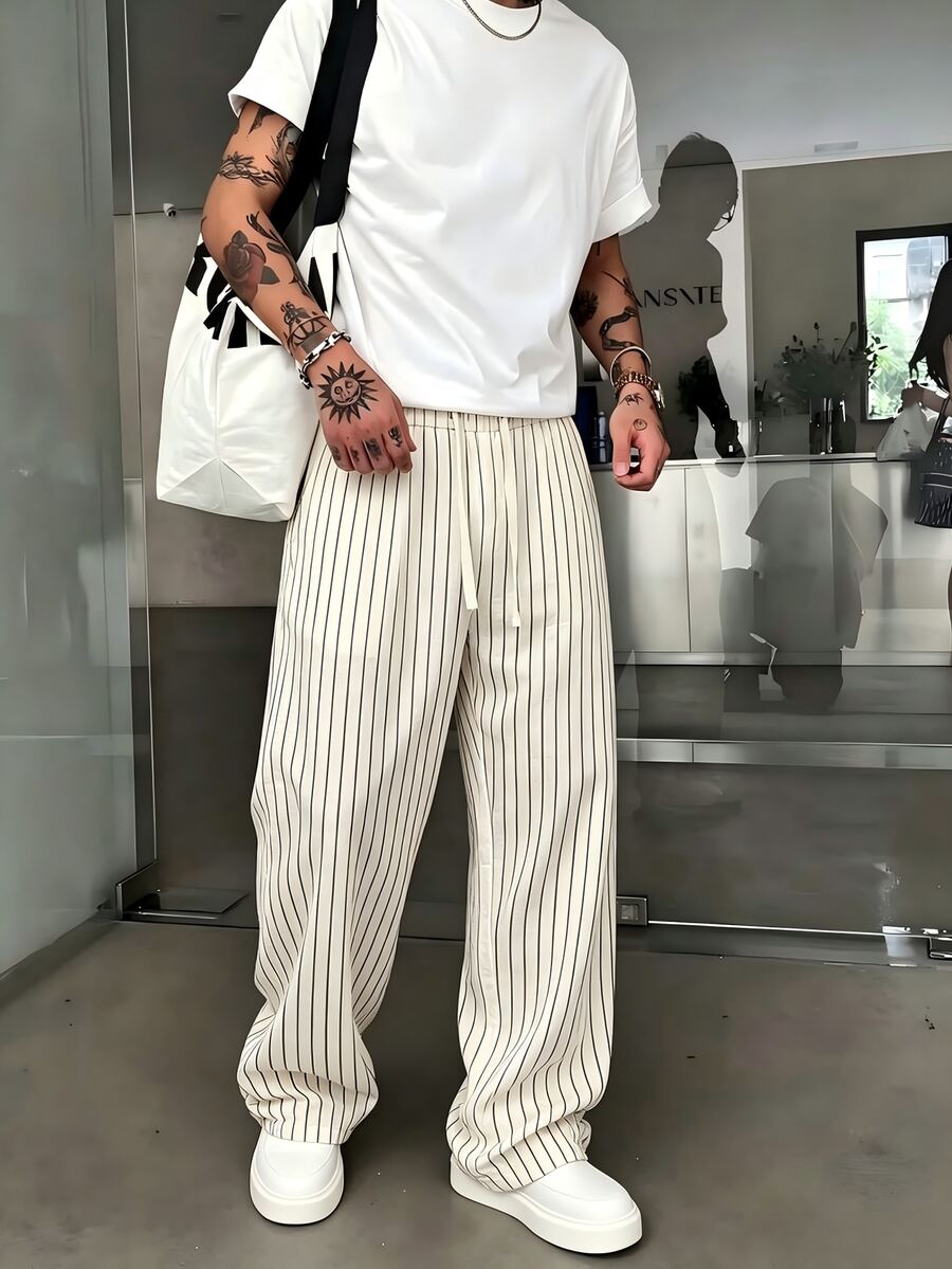 STEELVANCE 男士條紋休閒百搭長褲，適合日常穿著 - 杏色 - 查看 1