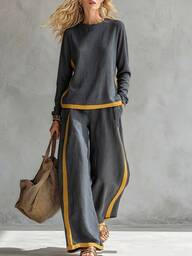 Trelyra Women's Casual Vacation Outing Comfortable 2 Pieces Set, Early Autumn New Style, Grey Long Sleeve Round Neck Top And Wide Leg Pants Set, Contrast Color Women's Set, Spring/Autumn Set, Casual Set, Casual Women's Clothing
