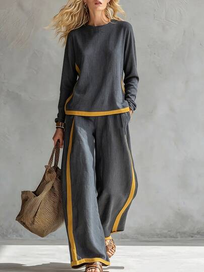 Breezaya Women's Casual Vacation Outing Comfortable 2 Pieces Set, Early Autumn New Style, Grey Long Sleeve Round Neck Top And Wide Leg Pants Set, Contrast Color Women's Set, Spring/Autumn Set, Casual Set, Casual Women's Clothing