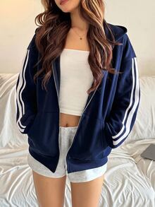 SHEIN 青少年女孩深藍色開襟連帽寬鬆休閒秋季運動衫，簡約休閒運動風 - 藏蓝色 - 查看 7