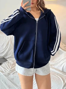 SHEIN 青少年女孩深藍色開襟連帽寬鬆休閒秋季運動衫，簡約休閒運動風 - 藏蓝色 - 查看 3