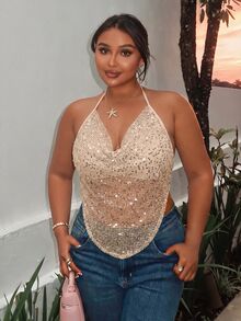 Firerie Plus Size Women Solid Color Cowl Neck Sequin Sexy Halter Tank Top - Apricot - View 6