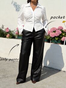 SHEIN MOD Plus Size Black Button Design Side Pocket Leather Straight Pants, Winter - Black - View 7