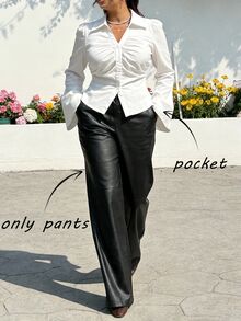 SHEIN MOD Plus Size Black Button Design Side Pocket Leather Straight Pants, Winter - Black - View 8