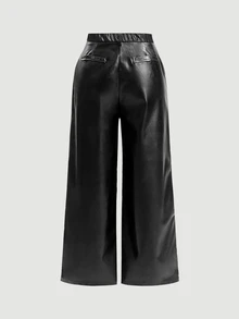 SHEIN MOD Plus Size Black Button Design Side Pocket Leather Straight Pants, Winter - Black - View 3