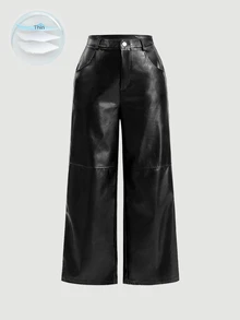 SHEIN MOD Plus Size Black Button Design Side Pocket Leather Straight Pants, Winter - Black - View 1