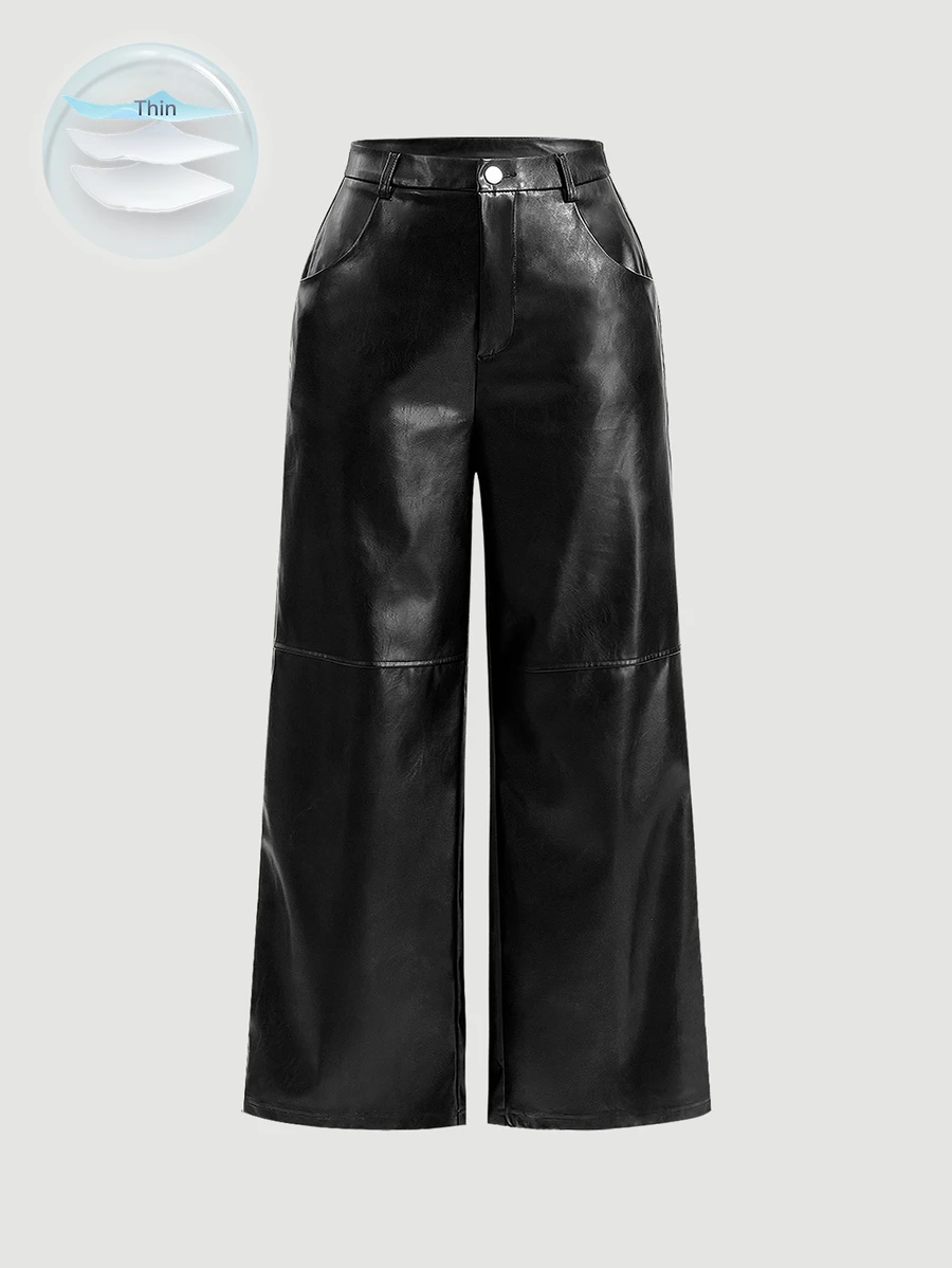 SHEIN MOD Plus Size Black Button Design Side Pocket Leather Straight Pants, Winter - Black - View 1