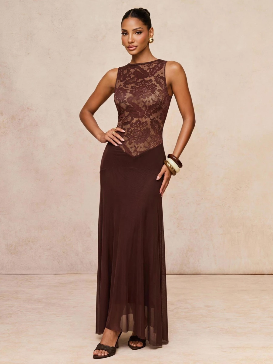 Lumalex Chocolate Brown Sleeveless High Neck Maxi Dress With Lace Bodice Racerback Drop Waist And Flowing Mesh Skirt Luxury For Parties Dinner Summer