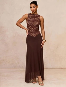 Lumalex Chocolate Brown Sleeveless High Neck Maxi Dress With Lace Bodice Racerback Drop Waist And Flowing Mesh Skirt Luxury For Parties Dinner Summer - Brown - View 6