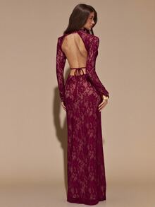 SHEIN BAE Gaun Elegan Lengan Panjang Berenda Tanpa Punggung Warna Burgundy Polos untuk Wanita, Cocok untuk Musim Gugur/Dingin - Burgundy - View 4