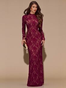 SHEIN BAE Gaun Elegan Lengan Panjang Berenda Tanpa Punggung Warna Burgundy Polos untuk Wanita, Cocok untuk Musim Gugur/Dingin - Burgundy - View 2
