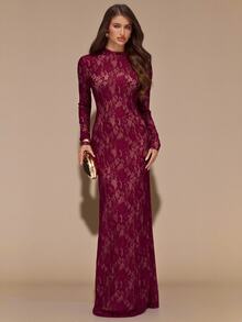 SHEIN BAE Gaun Elegan Lengan Panjang Berenda Tanpa Punggung Warna Burgundy Polos untuk Wanita, Cocok untuk Musim Gugur/Dingin - Burgundy - View 3