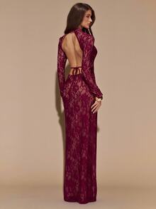 SHEIN BAE Gaun Elegan Lengan Panjang Berenda Tanpa Punggung Warna Burgundy Polos untuk Wanita, Cocok untuk Musim Gugur/Dingin - Burgundy - View 1