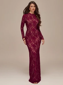 SHEIN BAE Gaun Elegan Lengan Panjang Berenda Tanpa Punggung Warna Burgundy Polos untuk Wanita, Cocok untuk Musim Gugur/Dingin - Burgundy - View 8