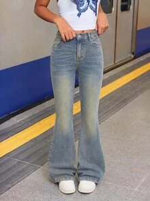 Tween Girls Y2k Fashion Nostalgic Blue Brushed Cotton Elasticated Warm-Fitting Tight Flared Jeans - Blue - View 3