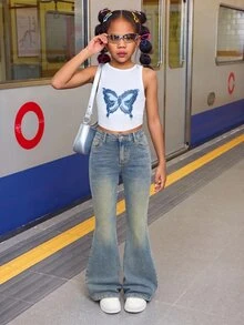 Tween Girls Y2k Fashion Nostalgic Blue Brushed Cotton Elasticated Warm-Fitting Tight Flared Jeans - Blue - View 6