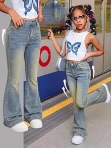 Tween Girls Y2k Fashion Nostalgic Blue Brushed Cotton Elasticated Warm-Fitting Tight Flared Jeans - Blue - View 1