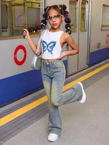 Tween Girls Y2k Fashion Nostalgic Blue Brushed Cotton Elasticated Warm-Fitting Tight Flared Jeans - Blue - View 7